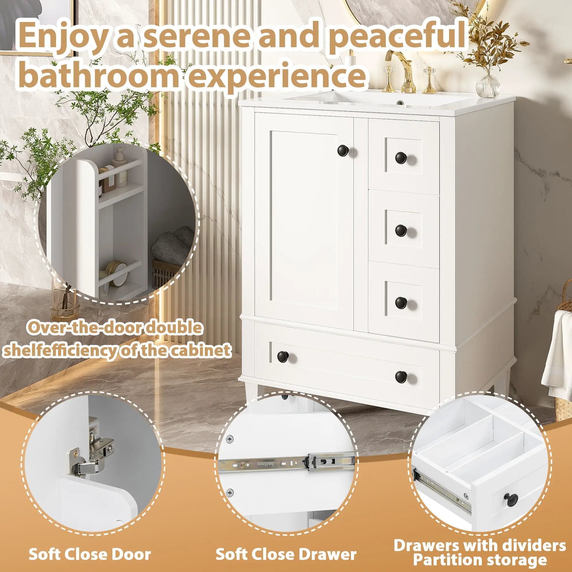 Bathroom Vanity With Integrated Basin, Soft Close Drawers, Door Mounted Double Layer Shelf by Unique Piece Furniture