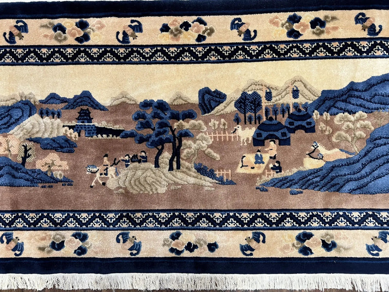 Antique Chinese Pictorial Rug 2.7 x 5, Chinese Village and Hills Carpet, Beige and Dark Blue, Handmade, Horizontal Rug Wall Hanging Tapestry by Jewel Rugs