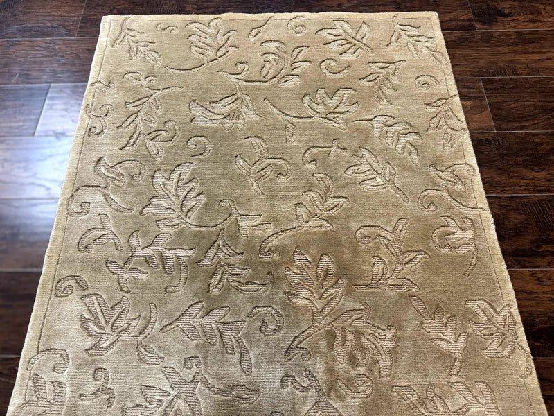 Modern Tibetan Rug 3.7 x 5.5, Carved Floral Design, Wool and Silk Highlights by Jewel Rugs