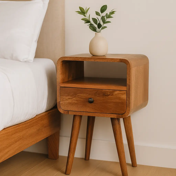 Solid Wood Mini Oak-ish Curve Nightstand, 1-Drawer, 1 Open-Slot