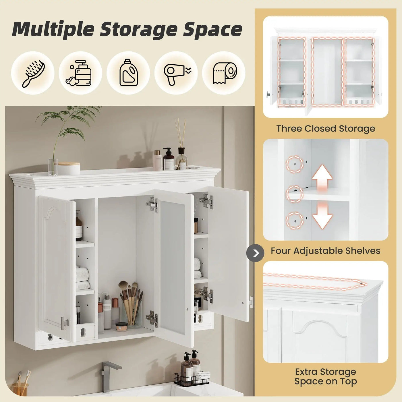 Wall Mount Mirror Cabinet With Adjustable Shelves, Soft Closing Hinges by HouseOfZazla