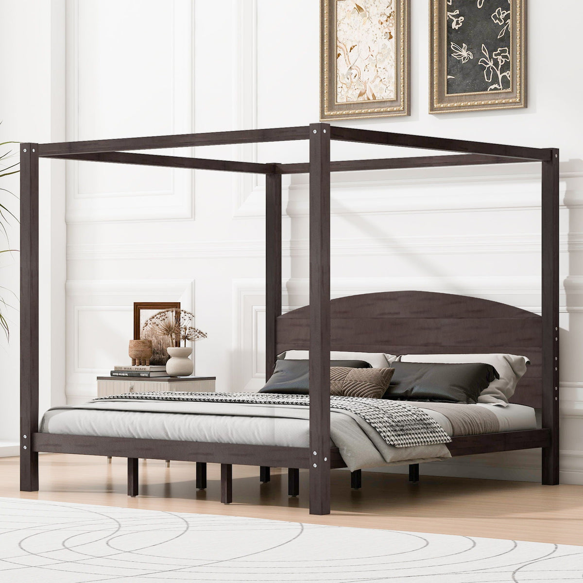 King Canopy Platform Bed with Headboard and Support Legs - Dark Brown or Dark Gray, photo 10 of 19