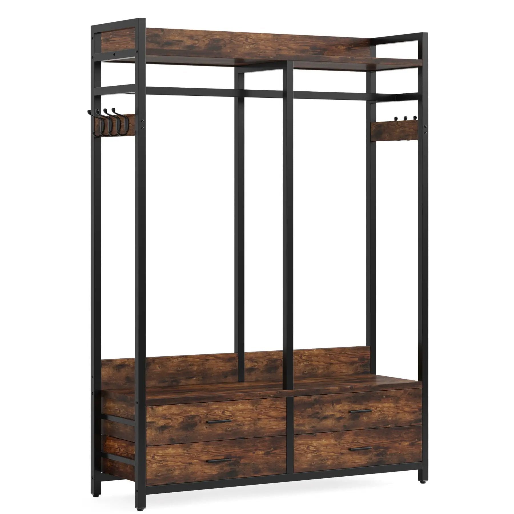 Freestanding Closet Organizer With 4 Drawers, 8 Hooks, Shelves, And Hanging Rod - Brown / Black by HouseOfZazla