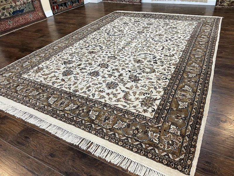 Indo Kirman Rug 8x12 Allover Floral Design, Ivory/Cream Brown, Vintage Handmade Hand Knotted Rug, Traditional Wool Persian Carpet 8 x 12 by Jewel Rugs