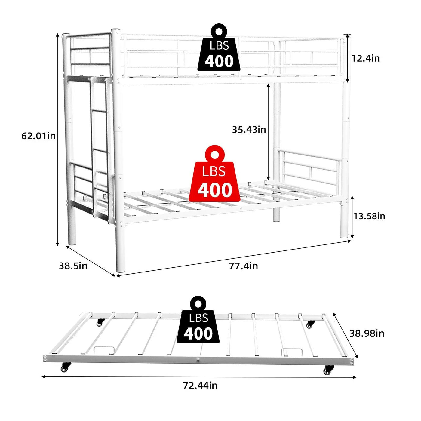 Bunk Bed For Kids, Convertible Frame With Ladders & Guardrail by HouseOfZazla