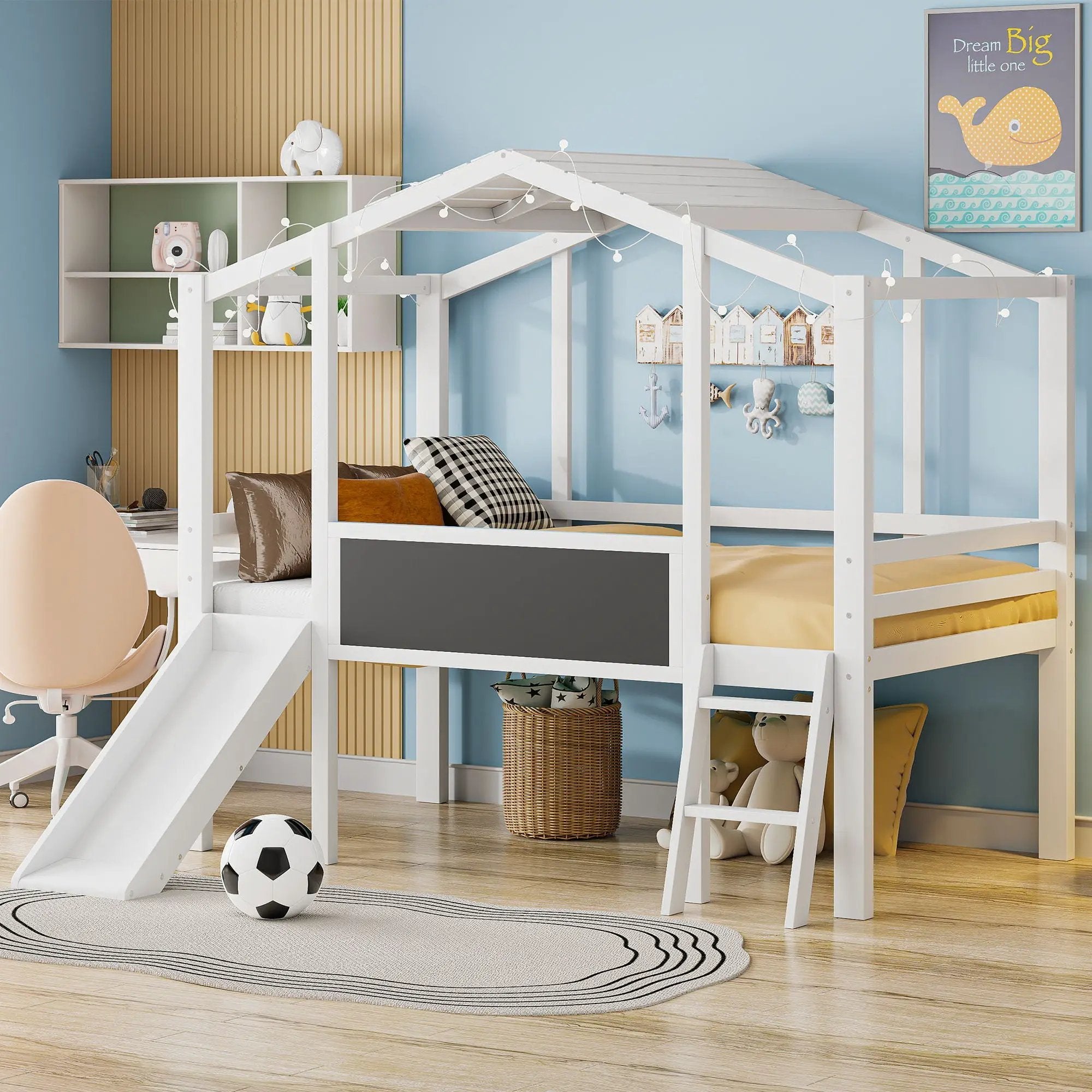 Loft House Bed With Ladder And Slide, With board And Light Strip On The Roof by HouseOfZazla