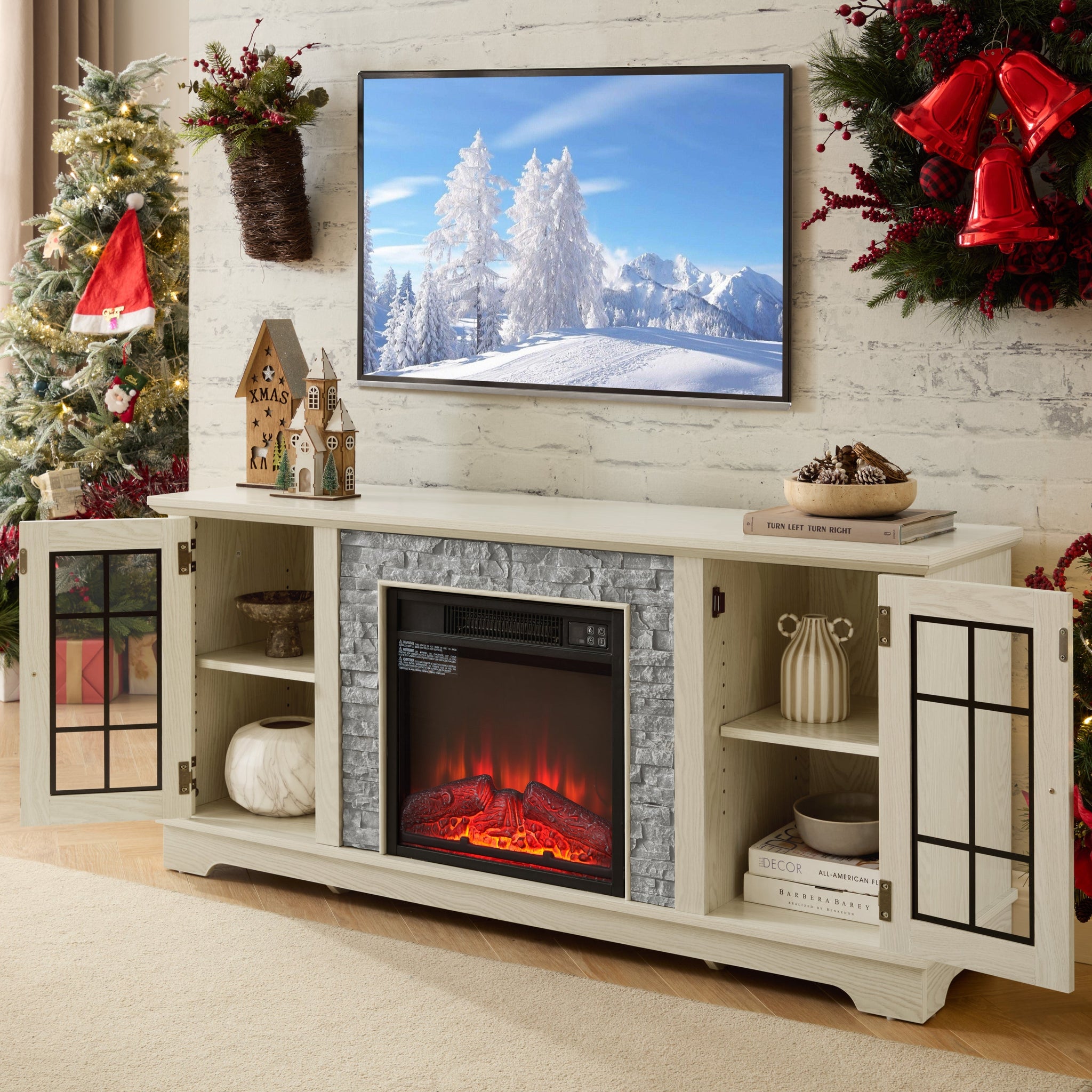 58" Modern TV Stand with Electric Fireplace and Storage by HouseOfZazla