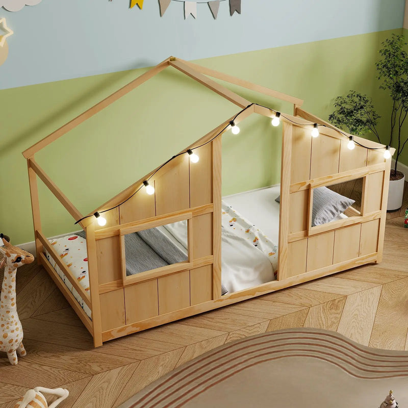 Twin Size House Bed with LED Lights Montessori Slat-free Floor Bed by DirectDeals