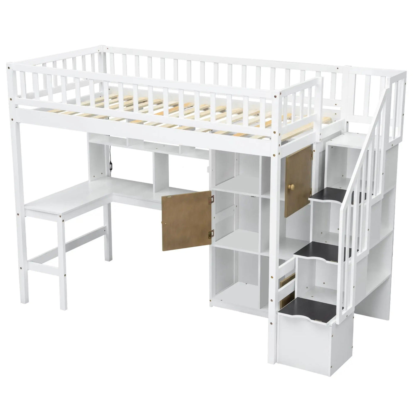 Loft Bed With Built In L Shaped Desk, LED Lights, Storage Shelves, Cabinets, And Staircase by HouseOfZazla