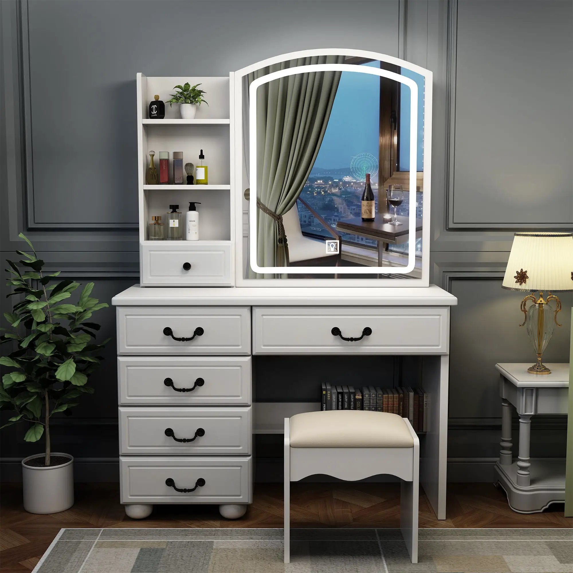 Fashion Vanity Desk With Mirror And Adjustable Lighting, 6 Drawers, 3 Color Light Modes - White by Unique Piece Furniture