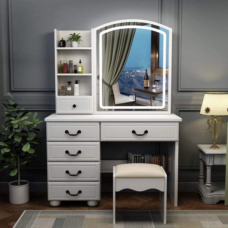 Fashion Vanity Desk With Mirror And Adjustable Lighting, 6 Drawers, 3 Color Light Modes - White by Unique Piece Furniture