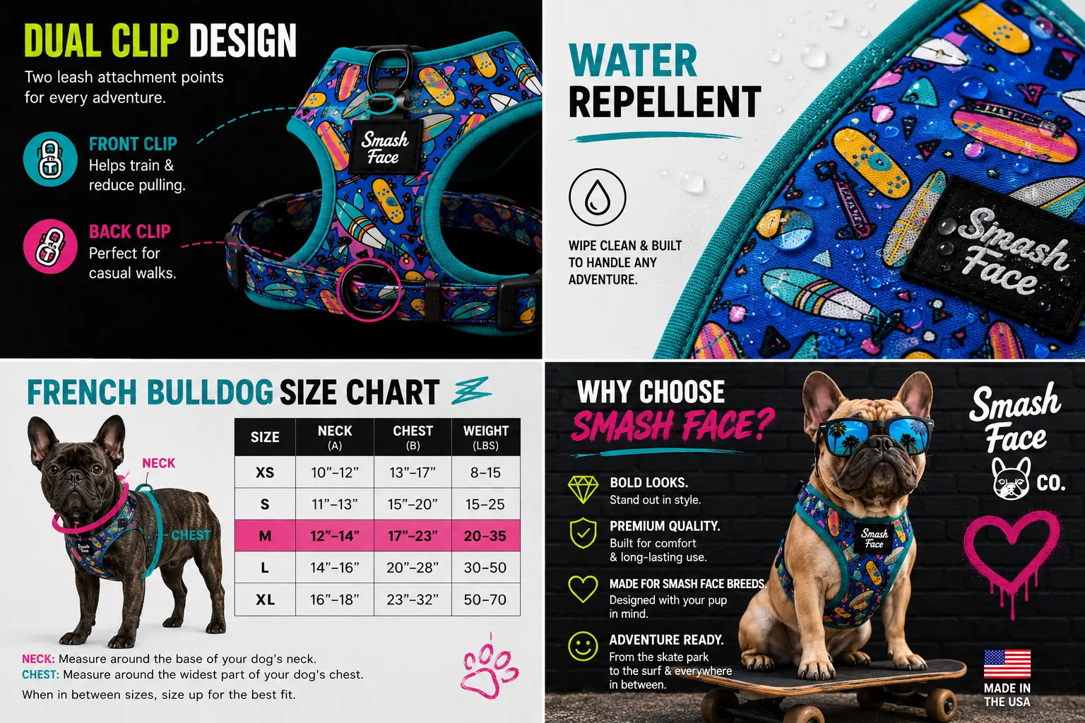 Totally Radical Reversible Dog Harness, Collar & Leash Set | Retro Gamer & Surf Skate Print | French Bulldog Harness by HouseOfZazla