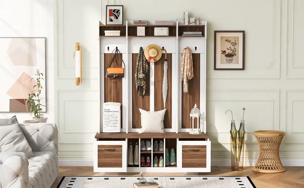 5 In 1 Entryway Bench With Coat Rack, 7 Sturdy Hooks, 2 Spacious Drawers And Adjustable Shelves by HouseOfZazla
