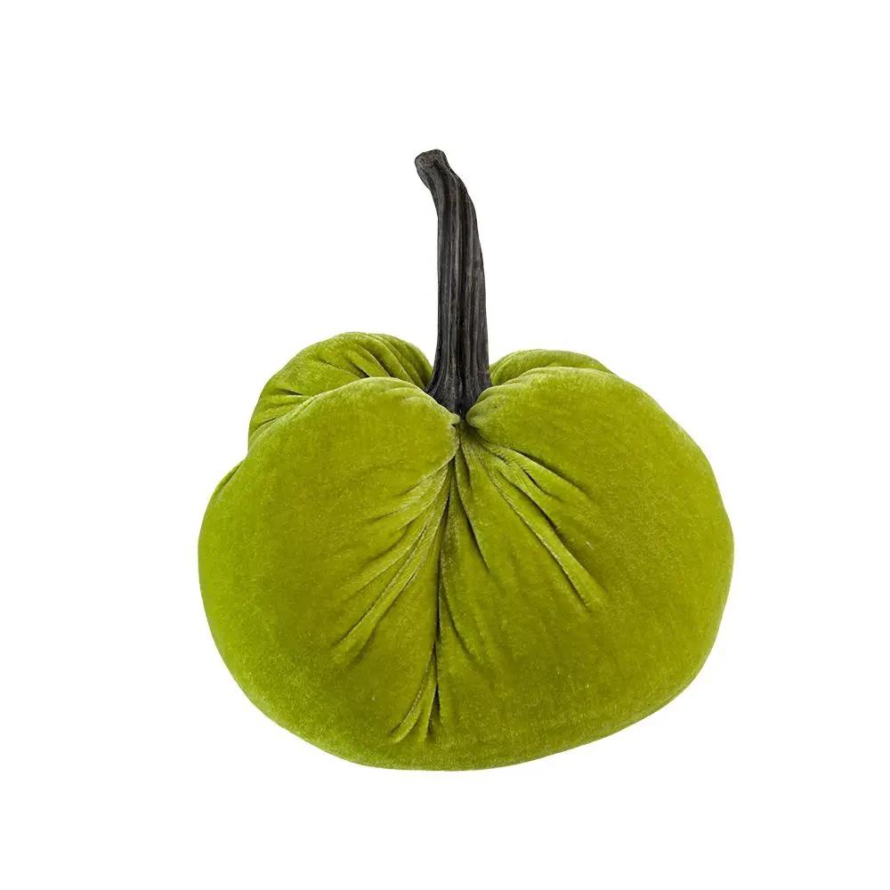 Velvet Weighted Pumpkin With Resin Stem Apple, Pumpkin Ornament Decor For Holiday Harvest Festival Fall Festival & Thanksgiving (Set of 2) - Green by HouseOfZazla