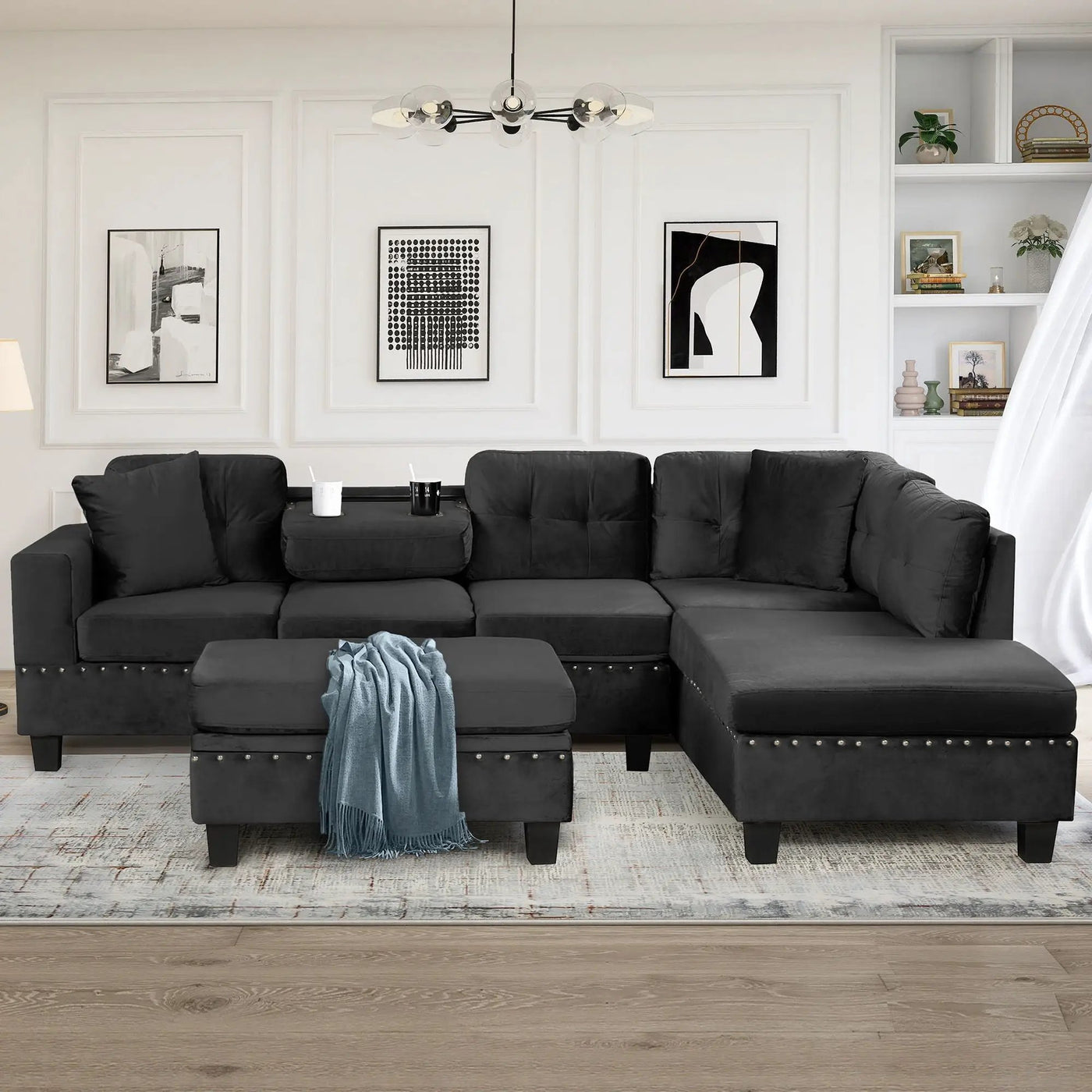 Modern Sectional Sofa With Storage Ottoman, L - Shape Couch With 2 Pillows And Cup Holders by HouseOfZazla