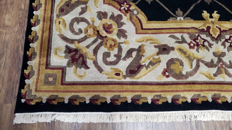 6x9 Nepalese Rug, Aubusson Savonnerie Area Rug 6 x 9 with Soft Pile, Hand-Knotted Wool Black & Beige Tibetan New Carpet European Design by Jewel Rugs