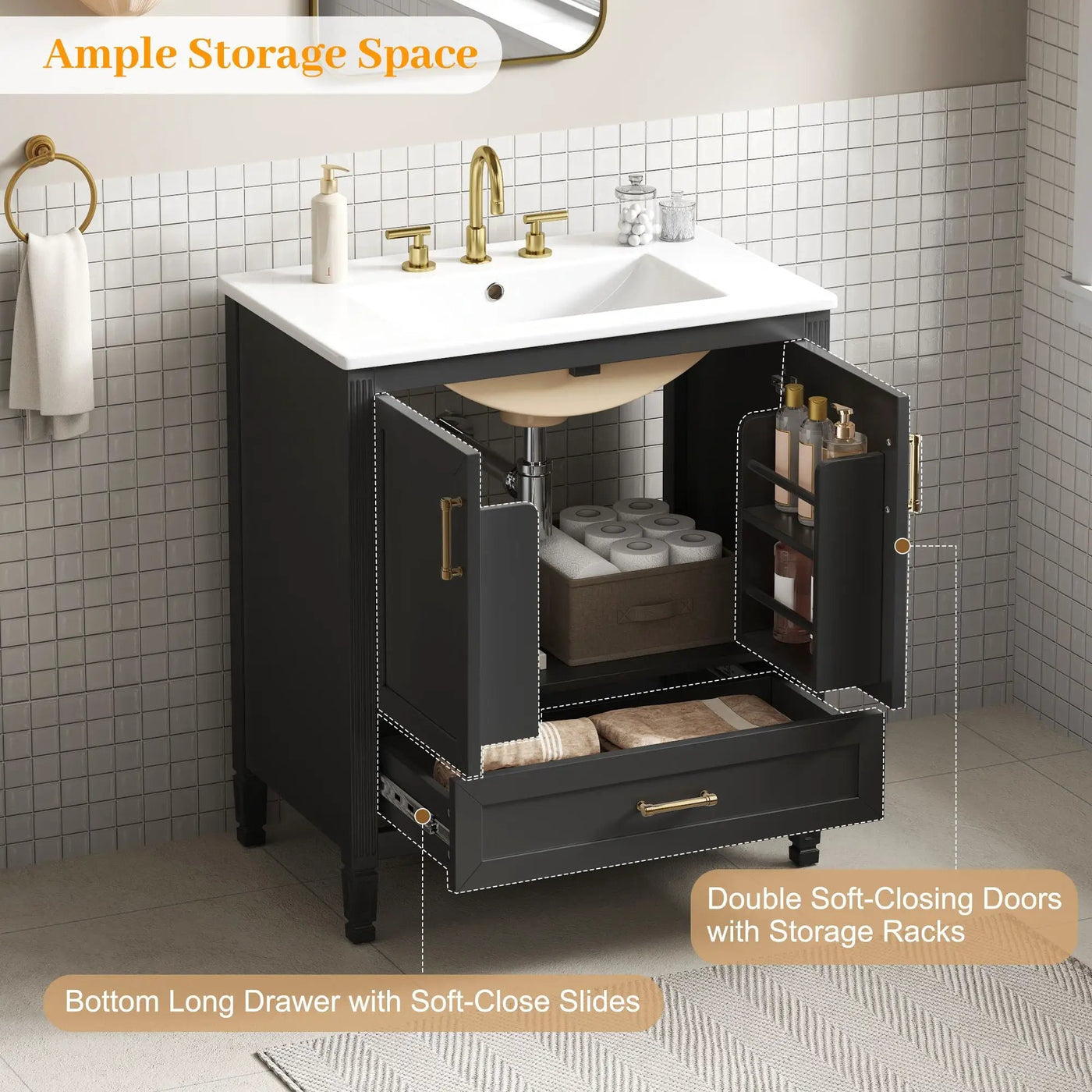 Elegant Fluted Bathroom Vanity With Sink, Soft Close Doors & Drawer by HouseOfZazla