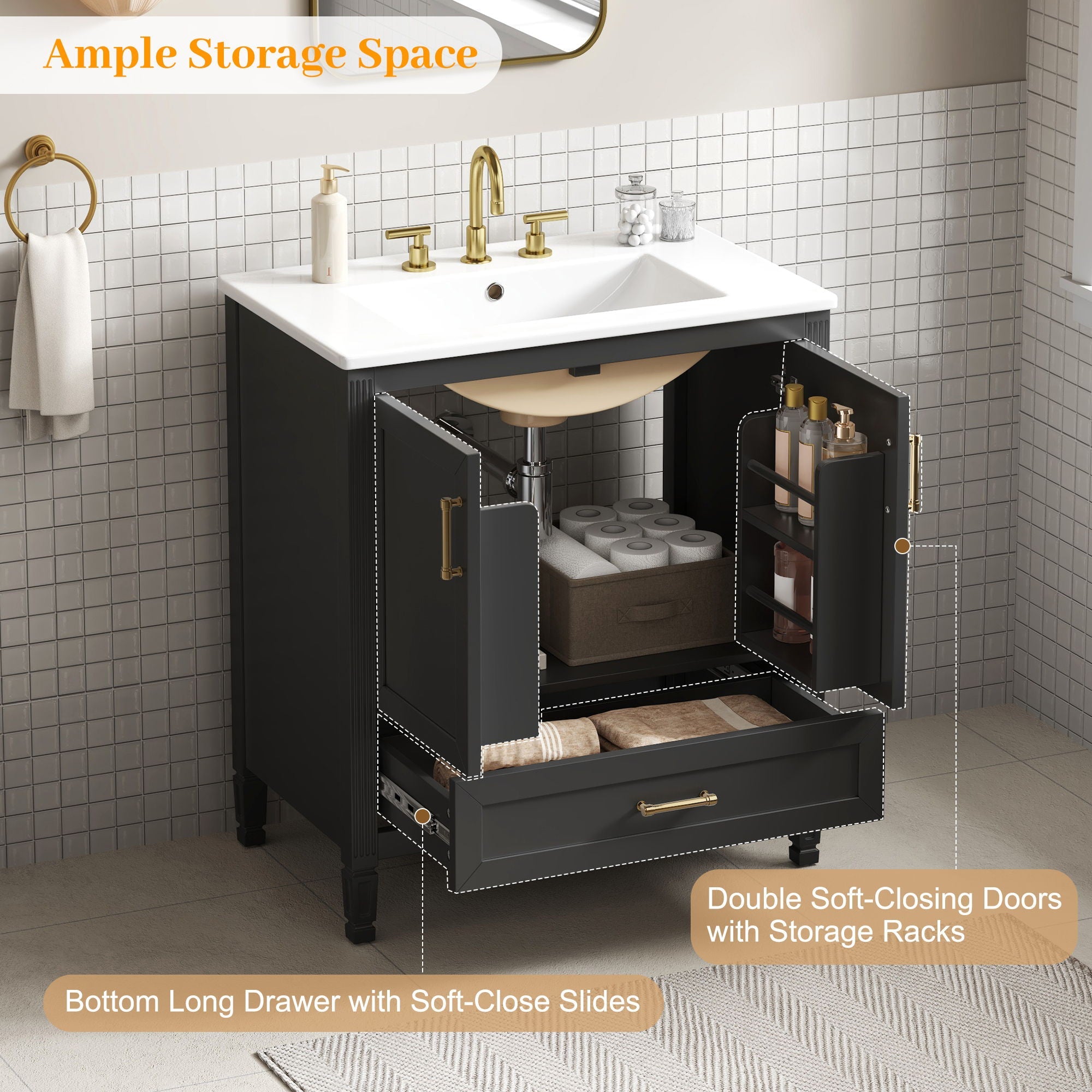 Elegant Fluted Bathroom Vanity With Sink, Soft Close Doors & Drawer by HouseOfZazla