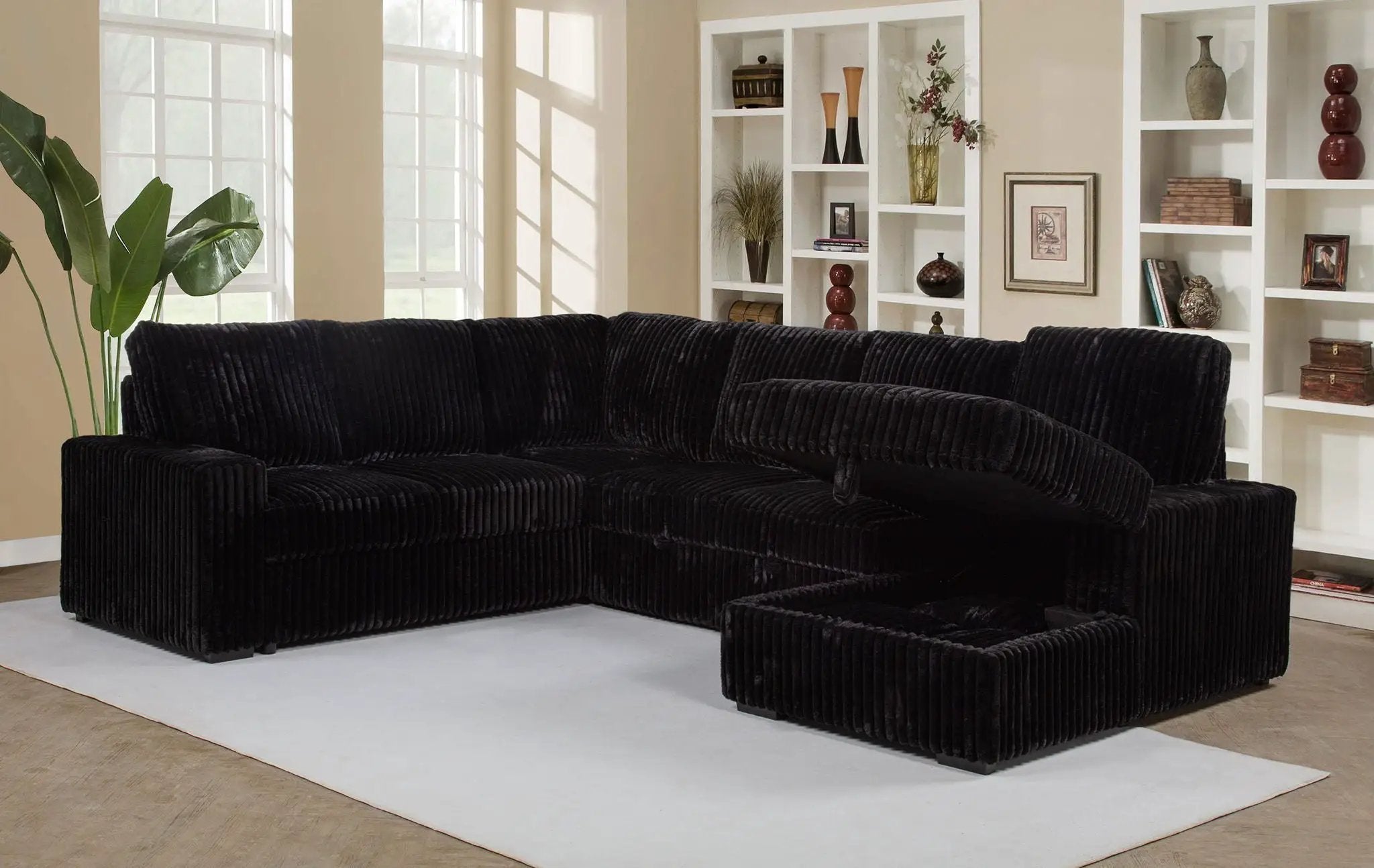 Devonshire Sleeper Sectional Sofa Storage Chaise Black by Unique Piece Furniture