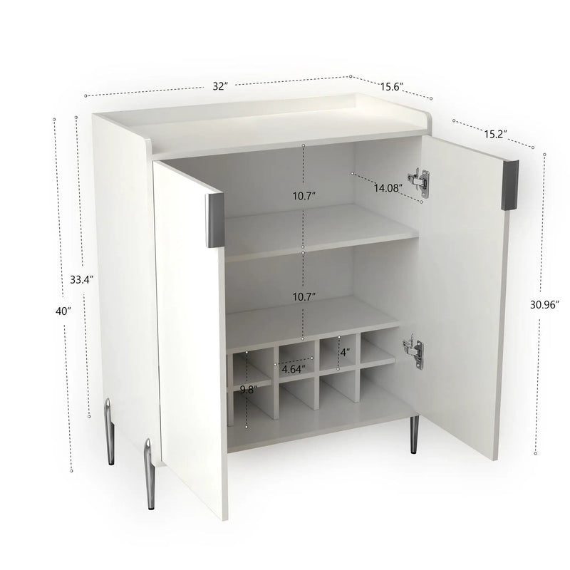 2 Door Wine Bar Cabinet With Adjustable Shelf, Soft-Closing Hinges, And High Feet - White by HouseOfZazla