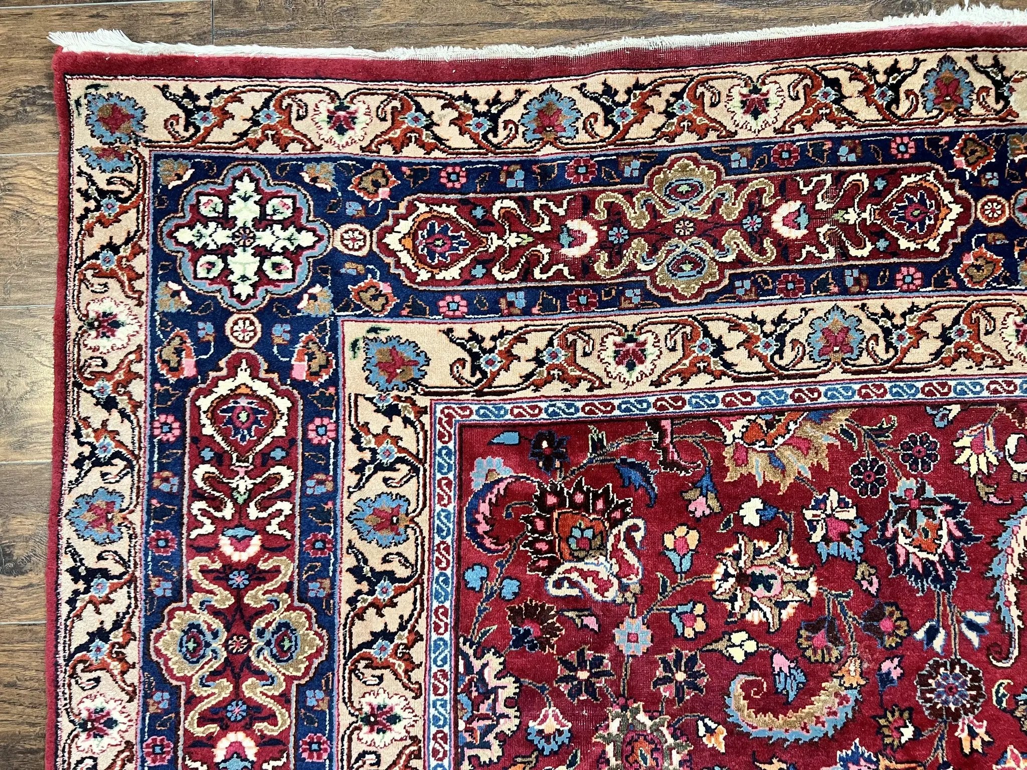 Signed Persian Mashad Rug 8x10, Wool Oriental Carpet, Semi Antique Rug, Hand Knotted, Traditional, Red, Floral Allover, by Jewel Rugs