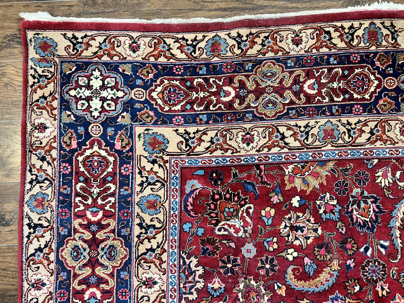 Signed Persian Mashad Rug 8x10, Wool Oriental Carpet, Semi Antique Rug, Hand Knotted, Traditional, Red, Floral Allover, by Jewel Rugs