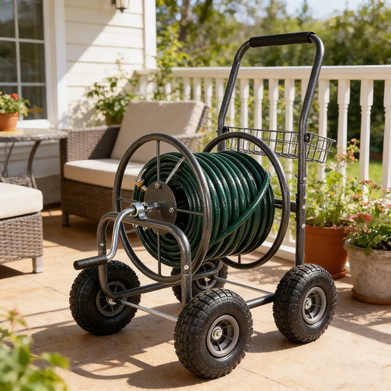 Garden Hose Reel Cart - 4 Wheels Portable with Storage Basket by HouseOfZazla