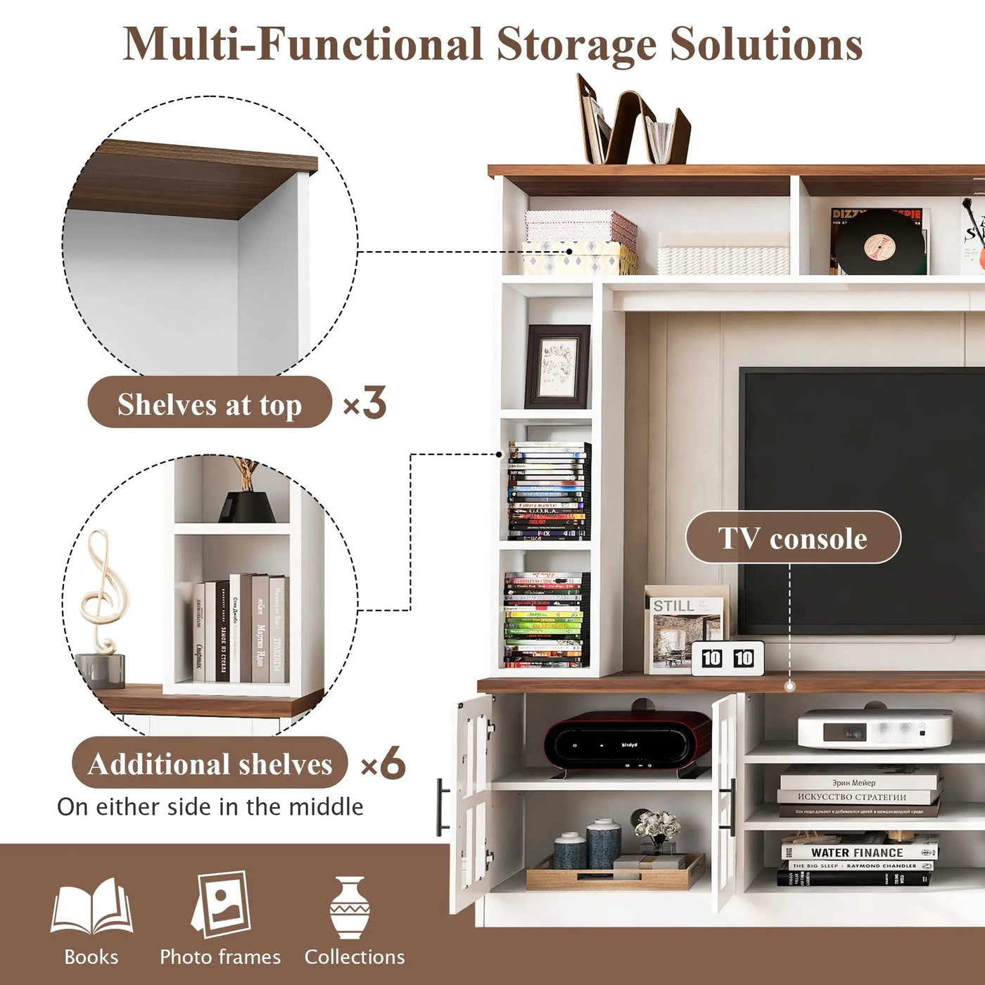 Wall Unit Entertainment Center With Bookshelves For TVs Up To 80", Tempered Glass Doors And Adjustable Shelves by Unique Piece Furniture