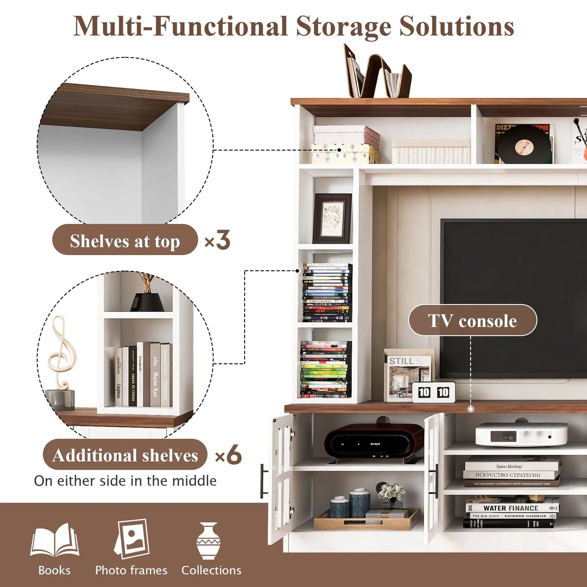 Wall Unit Entertainment Center With Bookshelves For TVs Up To 80", Tempered Glass Doors And Adjustable Shelves by HouseOfZazla