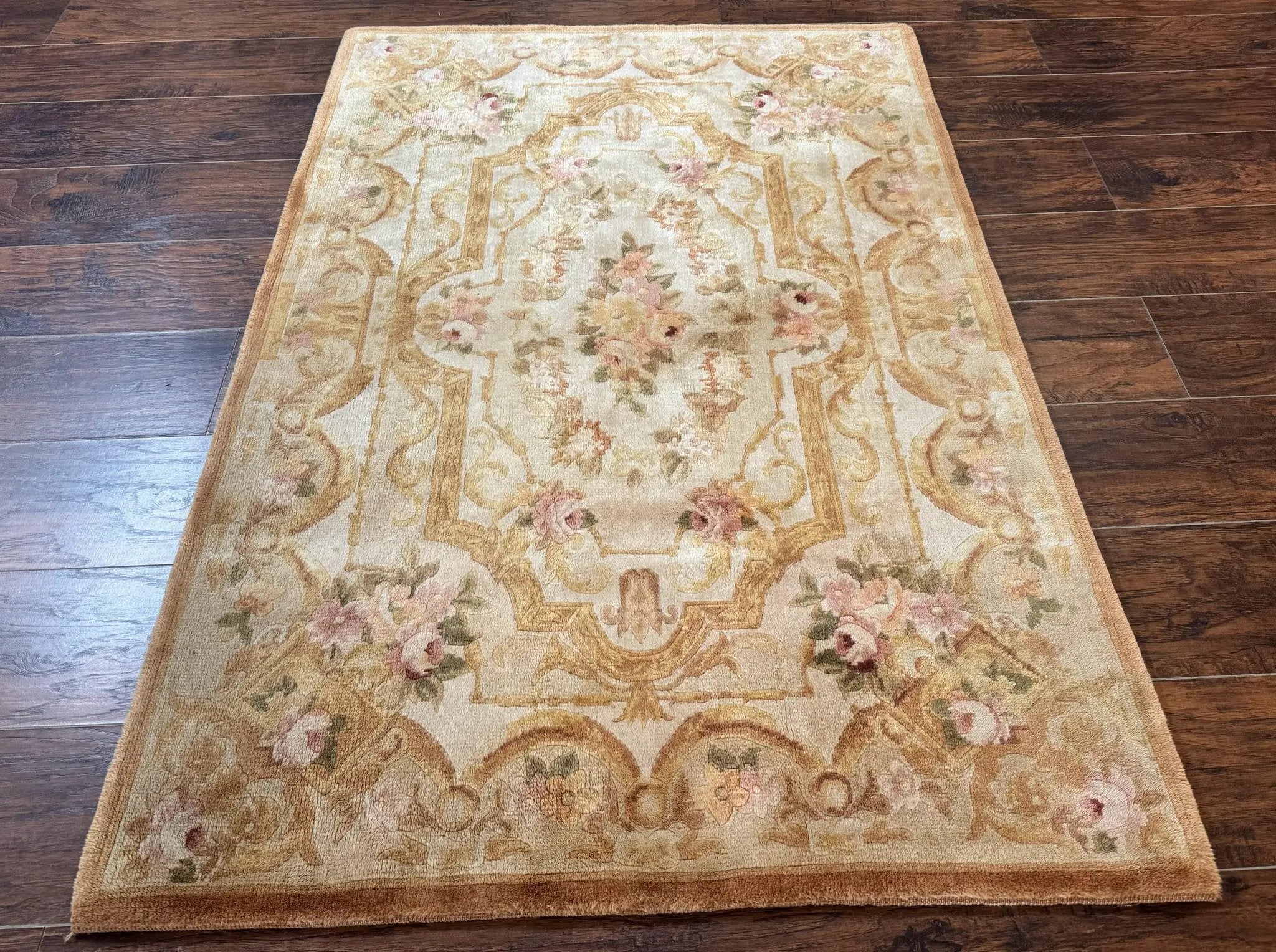 Chinese Aubusson Rug 3.6 x 5, Beige and Gold, Handmade Vintage Elegant European Design Carpet, Plush Wool, Handmade by Jewel Rugs