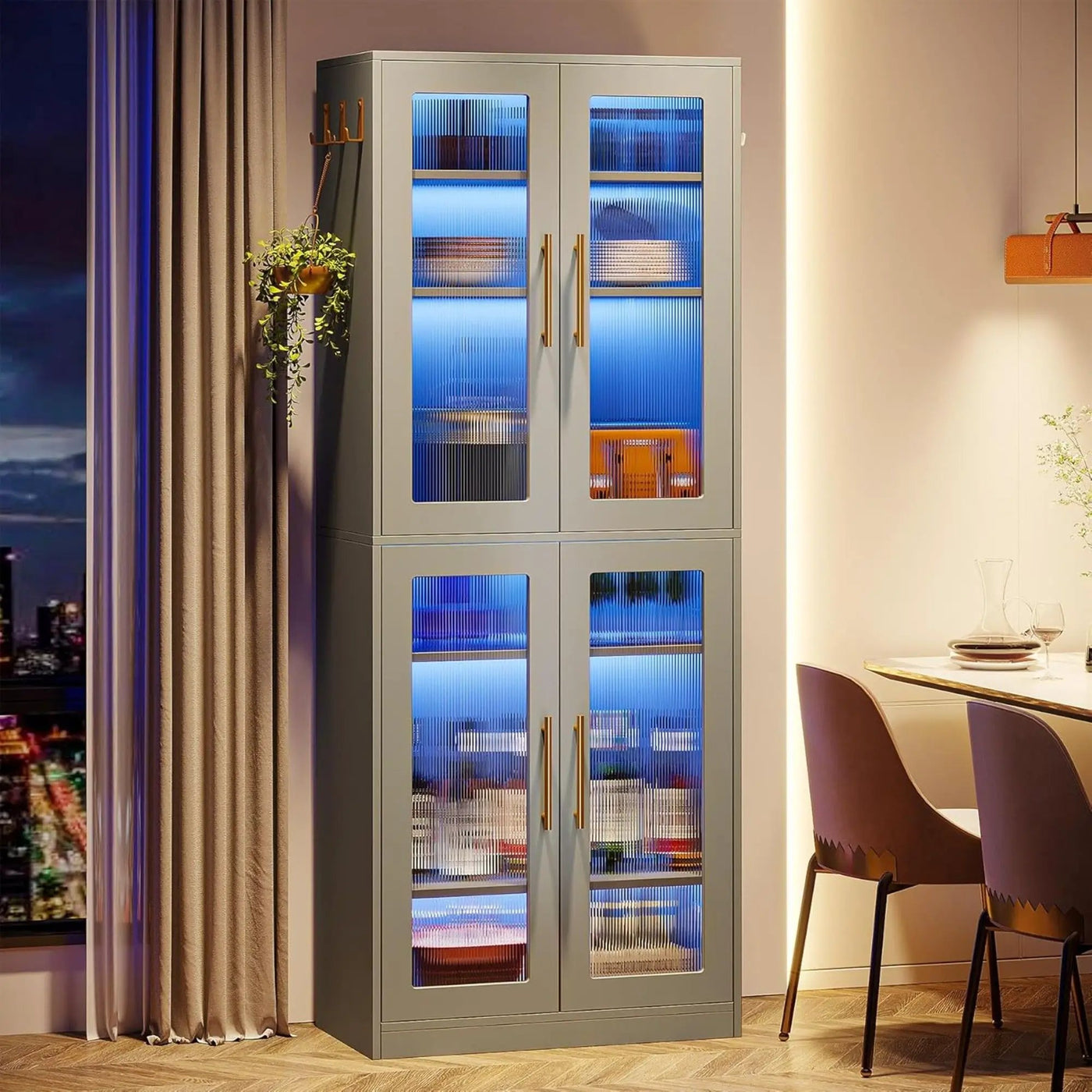 Bookcase With Doors And LED Lighting, 8 Adjustable Shelves Storage Cabinet by HouseOfZazla