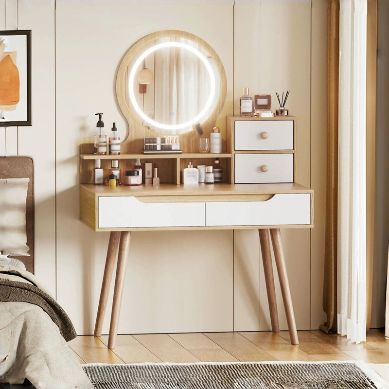 Elegant Makeup Vanity Desk With Adjustable Lighted Mirror Table Feet - American White Oak by HouseOfZazla