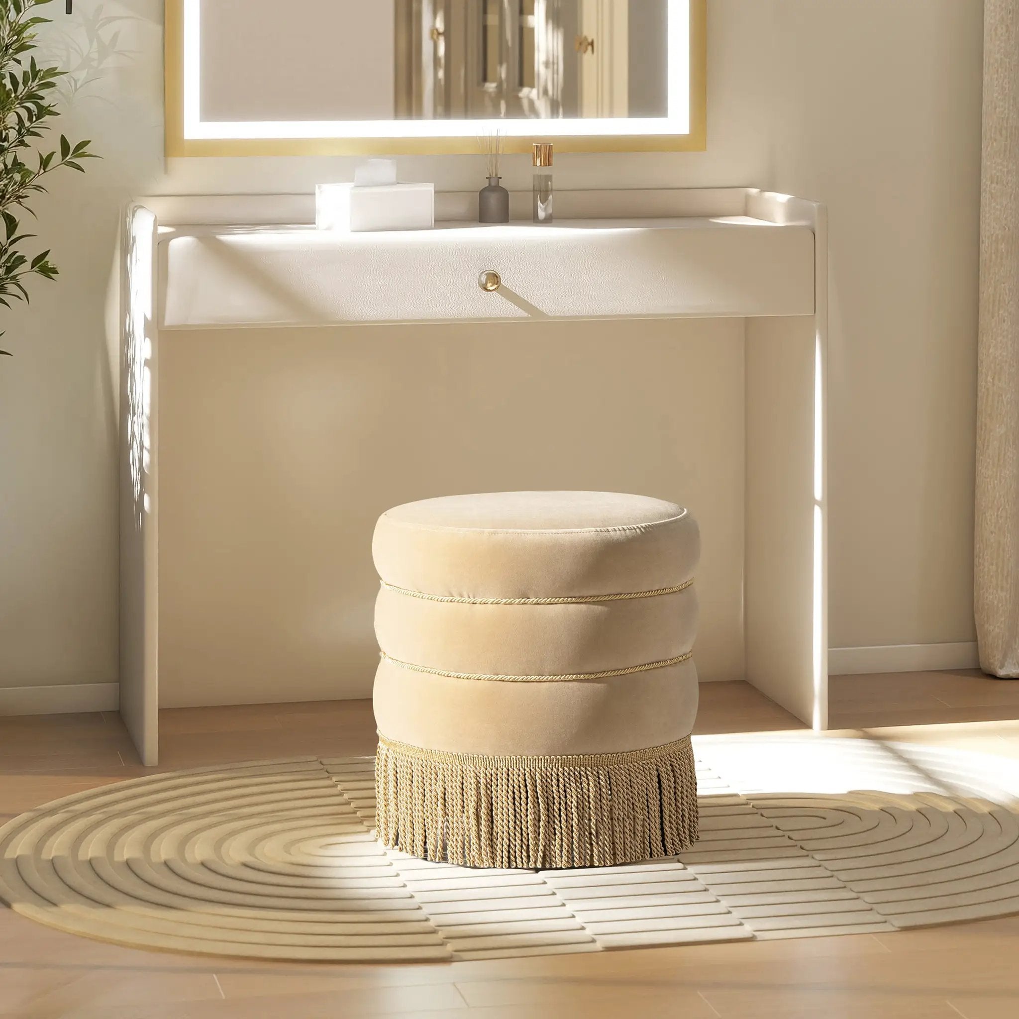 Edward 17.5" Round Upholstered Ottoman with Bullion Fringe by HouseOfZazla