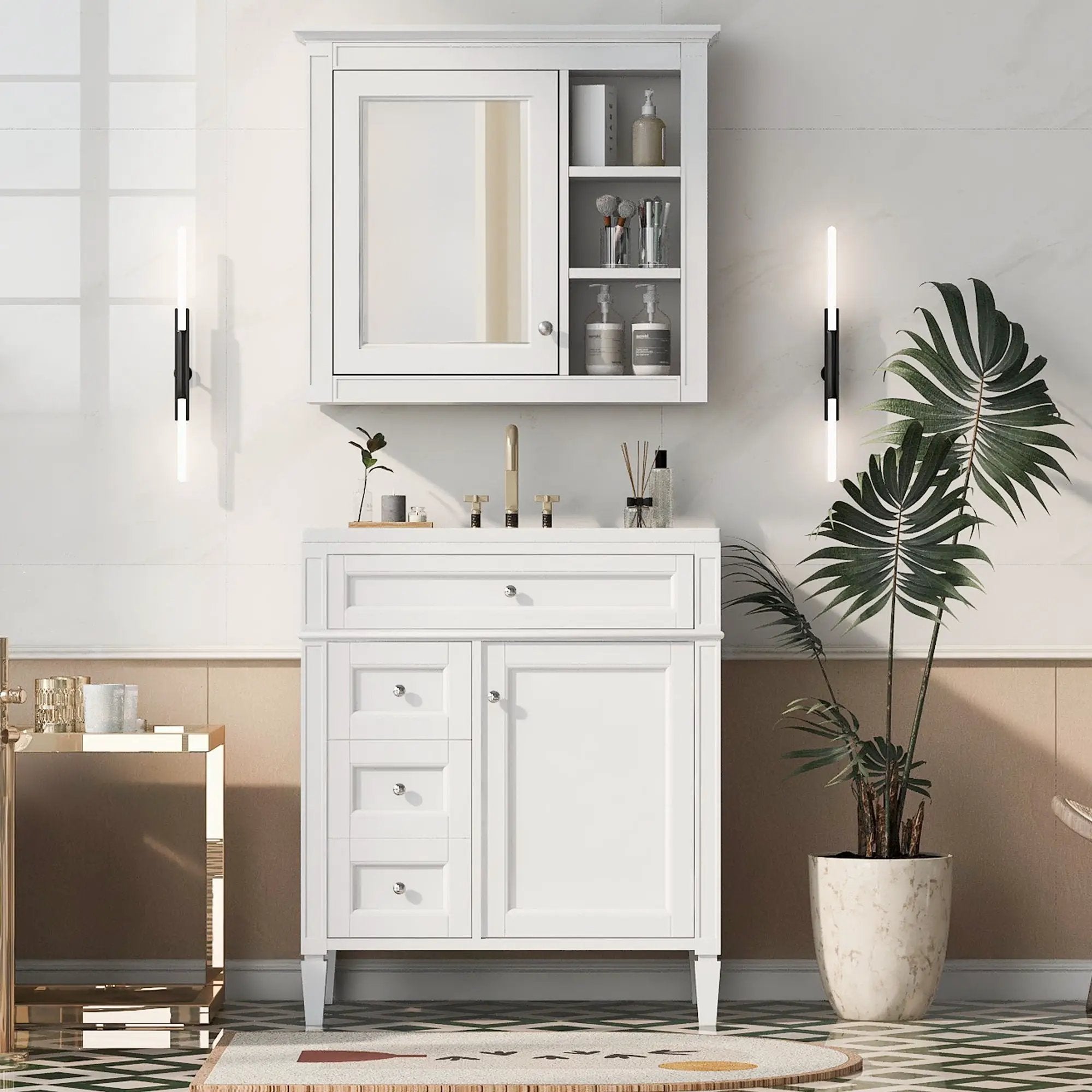 Bathroom Vanity With Medicine Cabinet, Royal Mirror Cabinet, Modern Bathroom Storage Cabinet With 2 Soft Closing Doors And 4 Drawers by Unique Piece Furniture