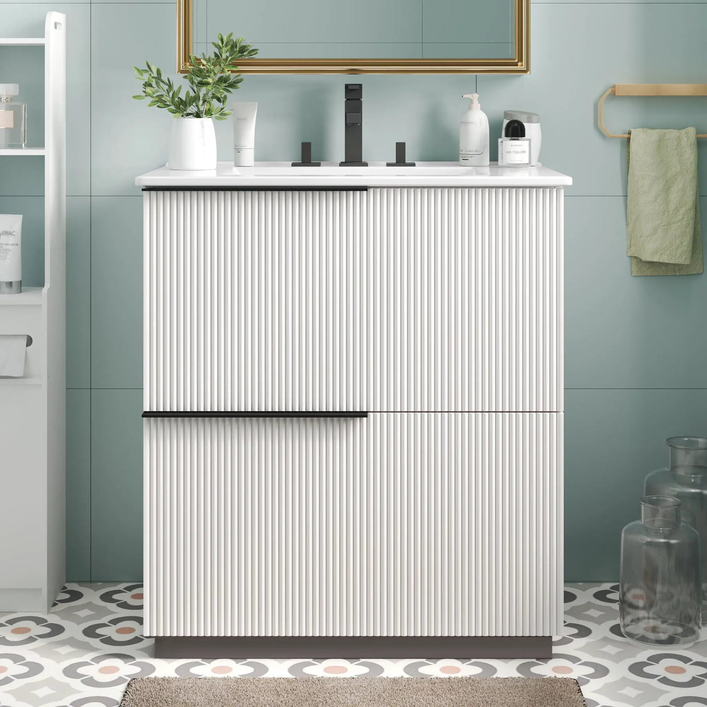 Fluted Bathroom Vanity With Ceramic Sink and Soft-Close Slides by HouseOfZazla