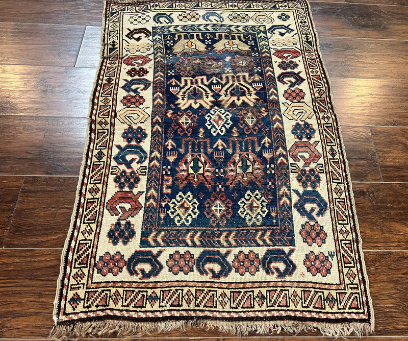 Antique Caucasian Kazak Rug 2.5 x 4, Navy Blue and Ivory, Hand Knotted Handmade Wool Rug by Jewel Rugs