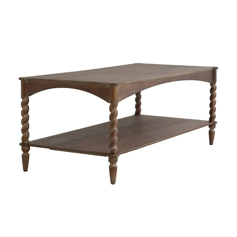 Rustic Brown Wood Coffee Table with Turned Spiral Legs and Lower Shelf by HouseOfZazla