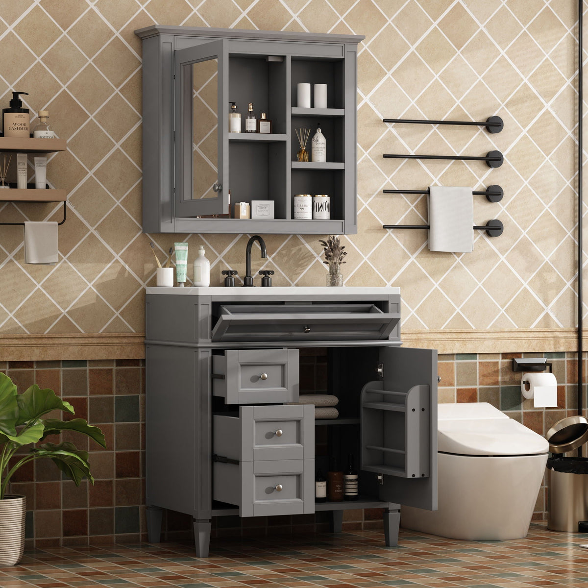 Bathroom Vanity With Medicine Cabinet, Royal Mirror Cabinet, Modern Bathroom Storage Cabinet With 2 Soft Closing Doors And 4 Drawers, photo 17 of 40