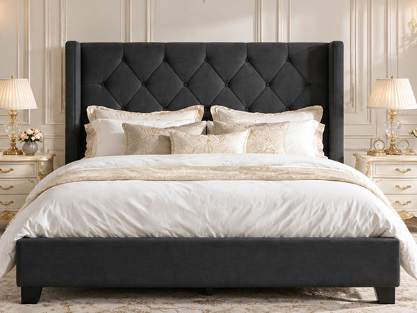 Modern Queen Size Platform Bed Frame with Tufted Velvet Headboard, photo 7 of 10