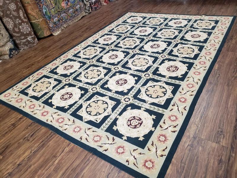 Vintage Chinese Needlepoint Rug 6x9, Panel Design Area Rug Wool Hand-Woven Black & Ivory Carpet Flat Weave Bedroom Rug 6 x 9 Living Room Rug by Jewel Rugs