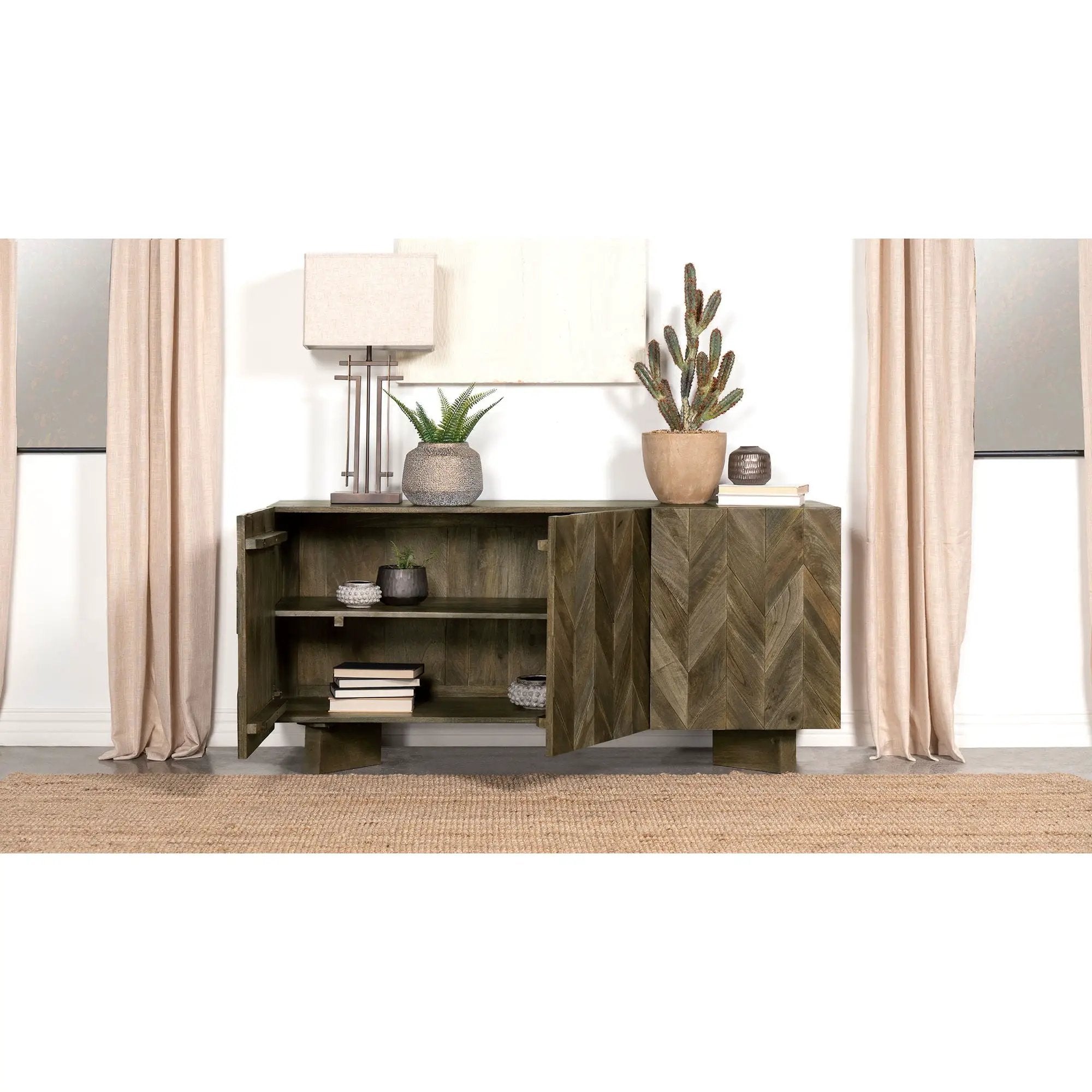 Roman - 3 Door Server With Chevron Design - Brown by HouseOfZazla
