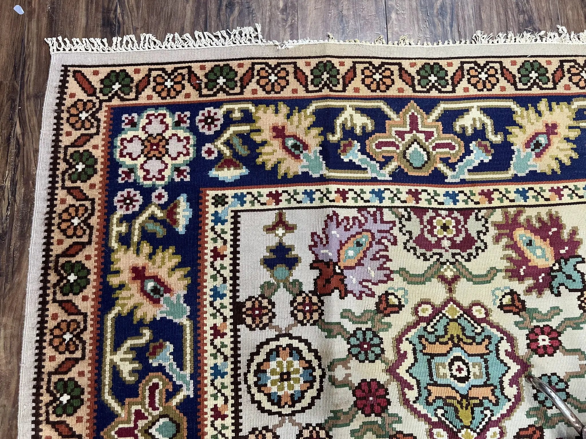 Antique Turkish Kilim Rug 7x10 Allover Pattern, Ivory Cream Maroon Light Blue, Wool Flatweave Hand Woven, Large Kilim, Vintage Kilim Carpet by Jewel Rugs
