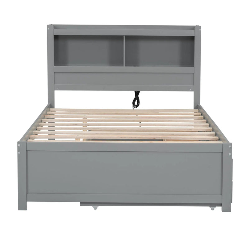 Full Size Platform Bed With Trundle, Drawers, USB Ports And Built In Shelves - Gray by HouseOfZazla