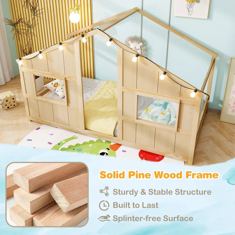Twin Size House Bed with LED Lights Montessori Slat-free Floor Bed by DirectDeals
