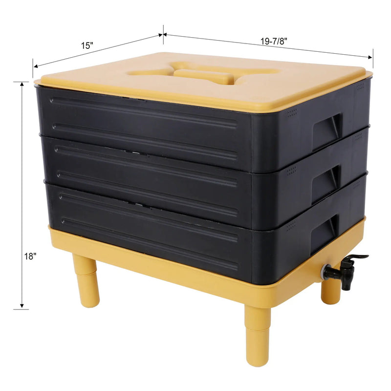 Durable 3 Tray Worm Farm Kit For Efficient Vermicomposting, 65L Capacity - Yellow / Black by HouseOfZazla