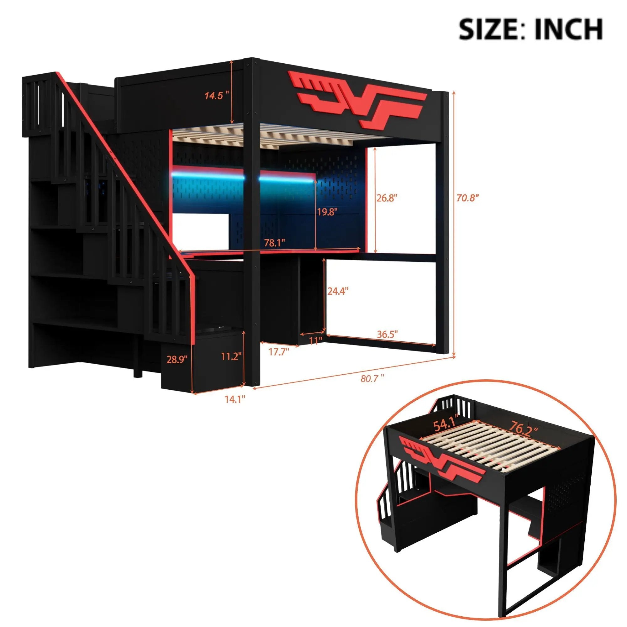 Full Gaming Loft Bed With Desk And Storage Staircase, LED Lights And USB - Red / Black by HouseOfZazla