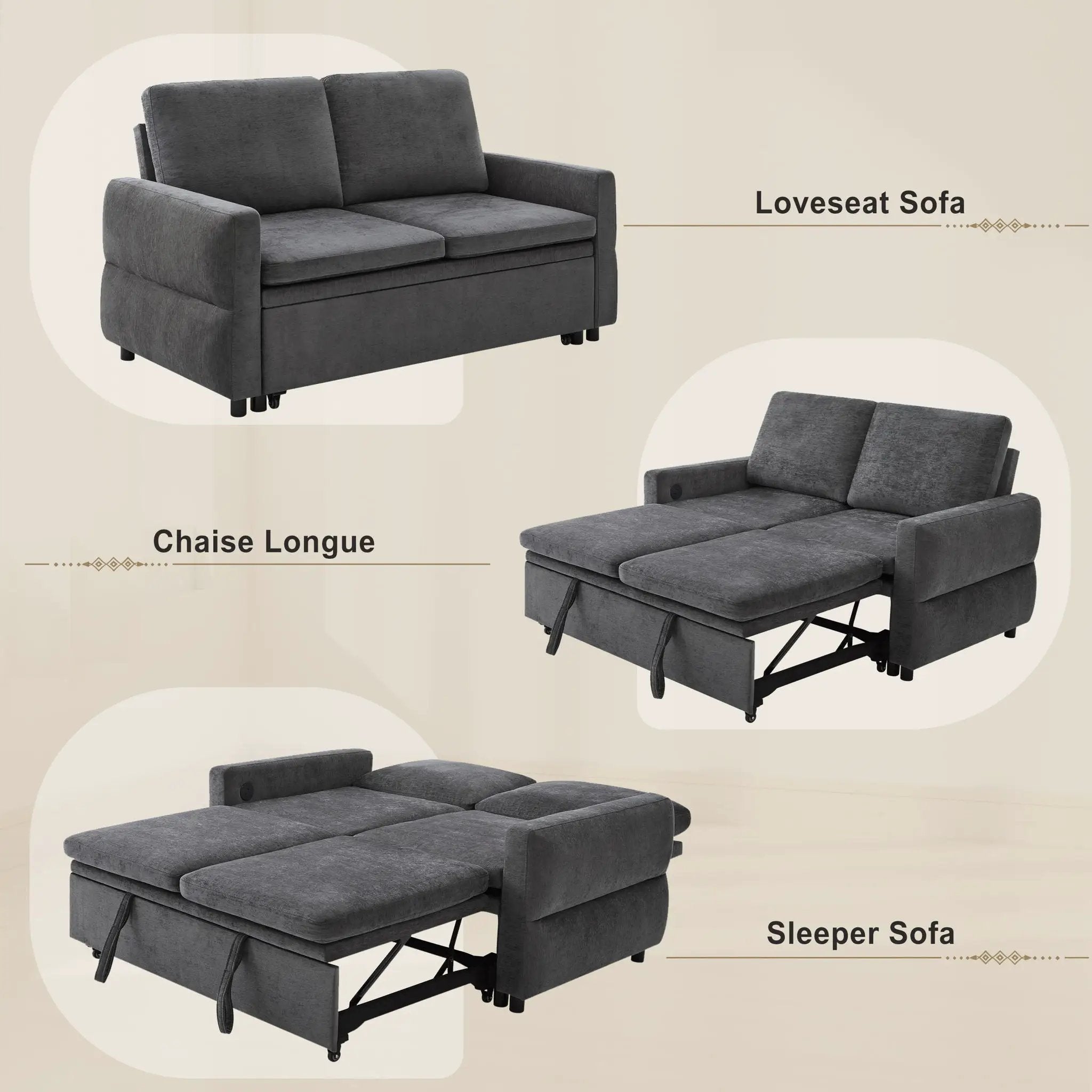 Convertible Sofa Bed Loveseat With Adjustable Backrest And USB Ports by HouseOfZazla