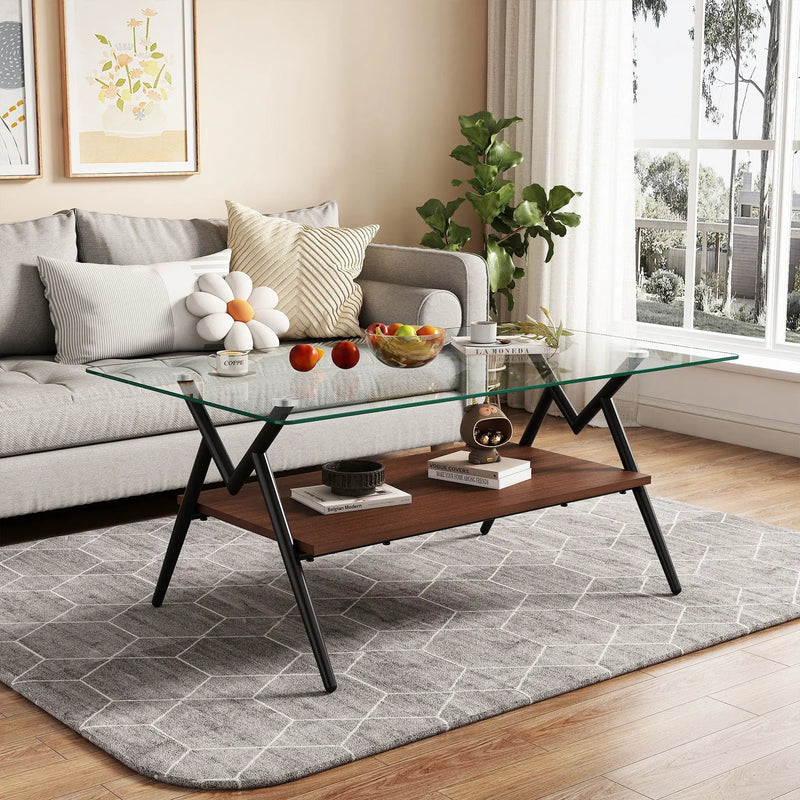 Rectangle Coffee Table With Tempered Glass Top And Shelf by Unique Piece Furniture