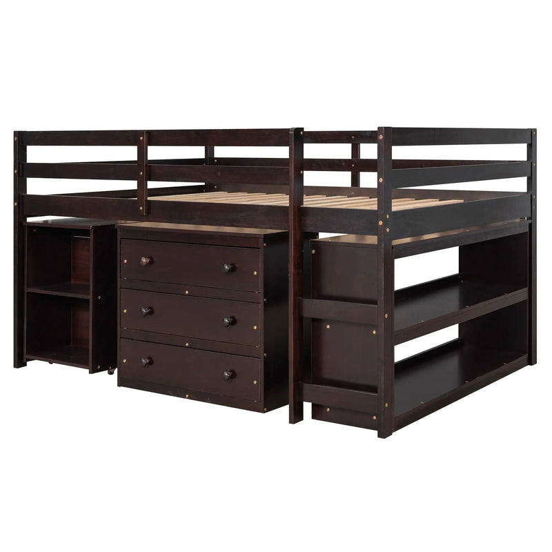Loft Low Study Bed With Cabinet, Shelves And Rolling Portable Desk, Multiple Functions by HouseOfZazla