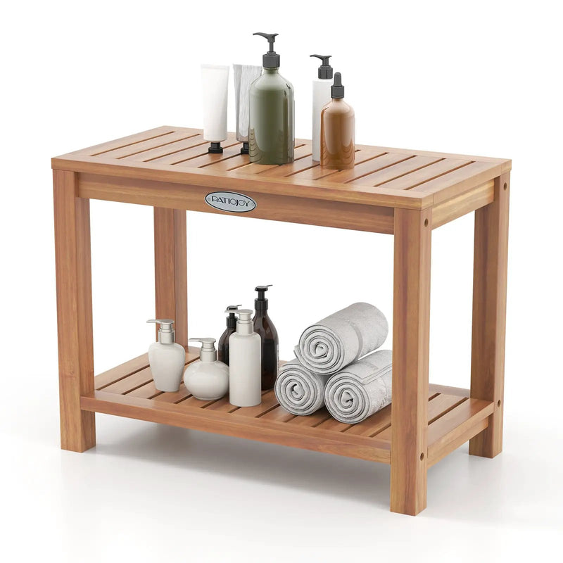 24 Inch Teak Wood Shower Bench Inside Shower Stool with Storage Shelf by DirectDeals